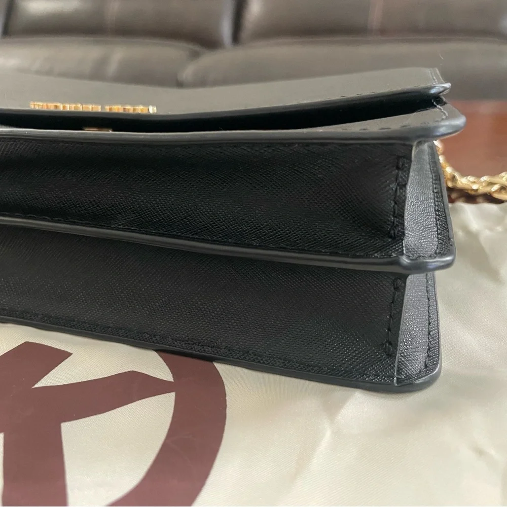 Michael Kors Black Saffiano Leather Crossbody Shoulder Bag Gold Chain